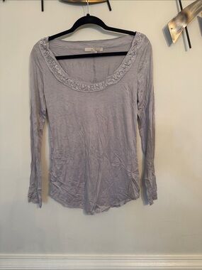Banana Republic Light Gray Long-Sleeve Scoop Neck Top with Sequin Trim